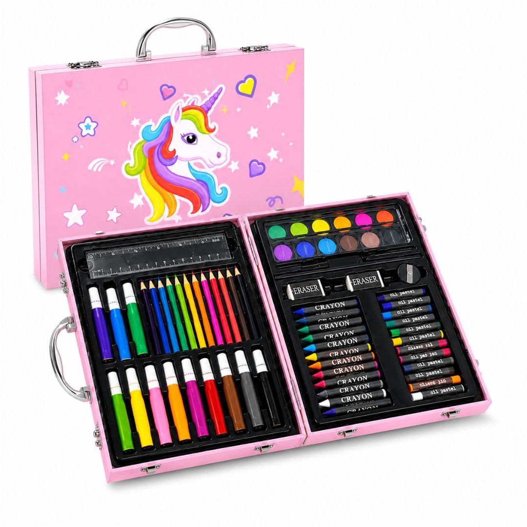 EDUWATION 67 Pieces Unicorn Art Set for Kids, Drawing & Painting Kit with Colour Pencils, Sketch Pens, Oil Pastels, Watercolour Paints, Crayons, Brush, Eraser, Sharpener & Portable Carry Case, Gift for Girls Boys-picture-24