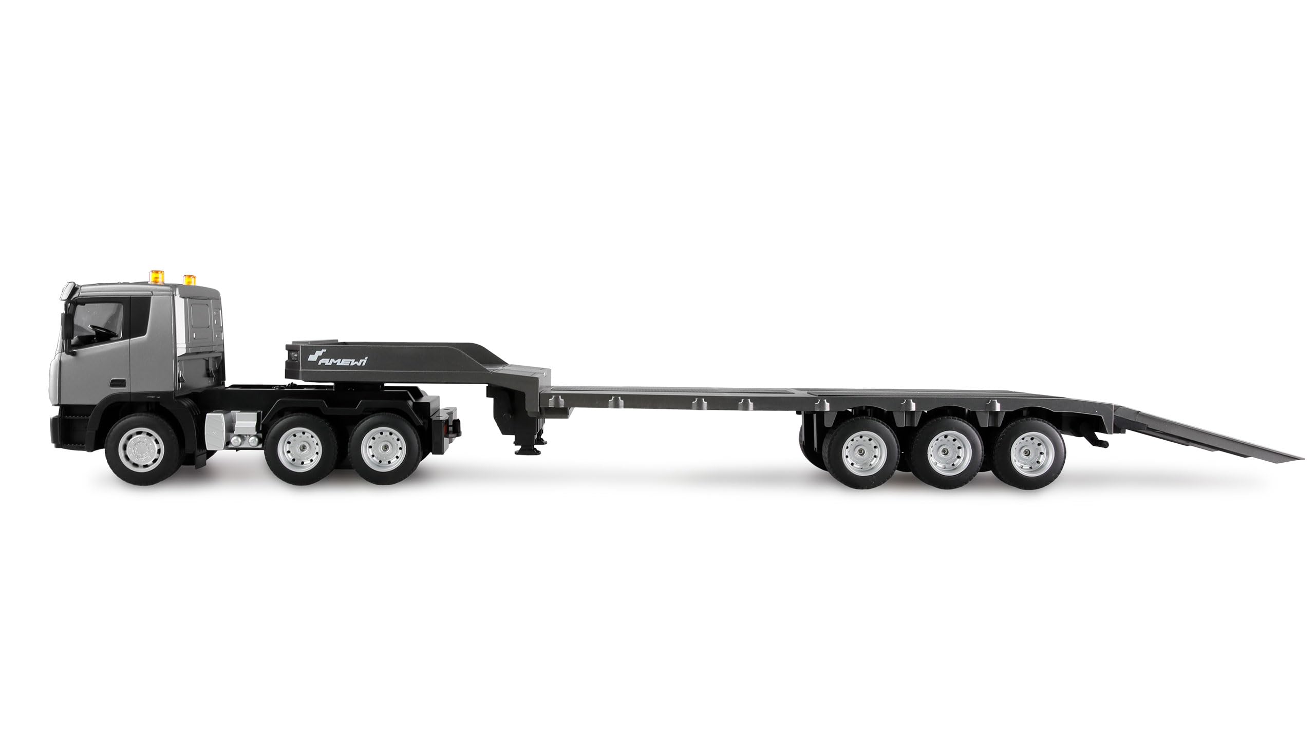 Amewi Set 2 in 1 camion con piano profondo ed escavatore 1:24 RTR telecomandato RC, cantiere per bambini, 8 anni, antracite nero-giallo