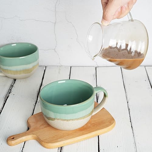 Miniatura 5 de Bosmarlin Juego de 2 tazas de café jumbo de cerámica, 23 onzas, tazones de sopa grandes con asas, aptos para lavavajillas y microondas (verde menta)