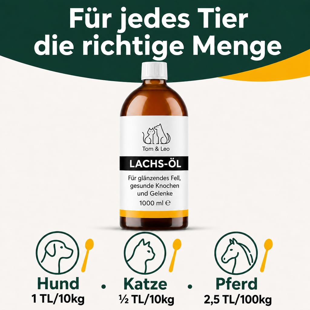 Tom & Leo Huile de saumon pour chiens et chats 1000 ml – Huile de saumon sauvage avec oméga 3-6-9, idéale pour la peau et le pelage, huile de poisson de qualité supérieure pour chiens