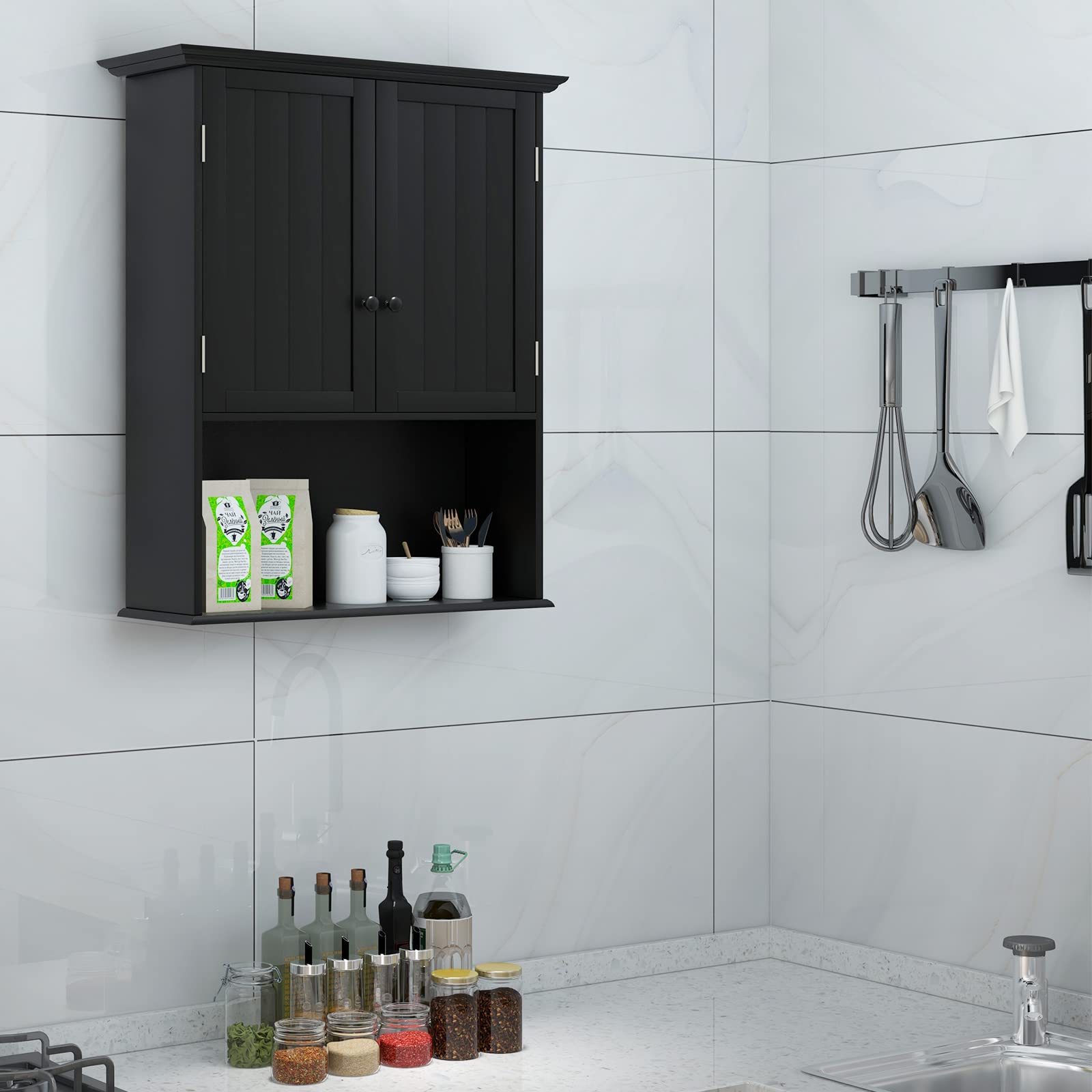 GIANTEX Armoire Salle de Bain Suspendue en Bois, Armoire Murale avec 2 Porte, Étagère Réglable, Compartiment Ouvert, Placard Murale pour Toilette, Cuisine, Entrée, 60 x 20 x 71 CM (Noire)
