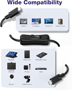 RIITOP Short USB C On Off Switch Cable 10Gbps [1ft], USB 3.1 Type-C to C Cable with Switch Support Video/Data/PD Fast Charging 20V/3A