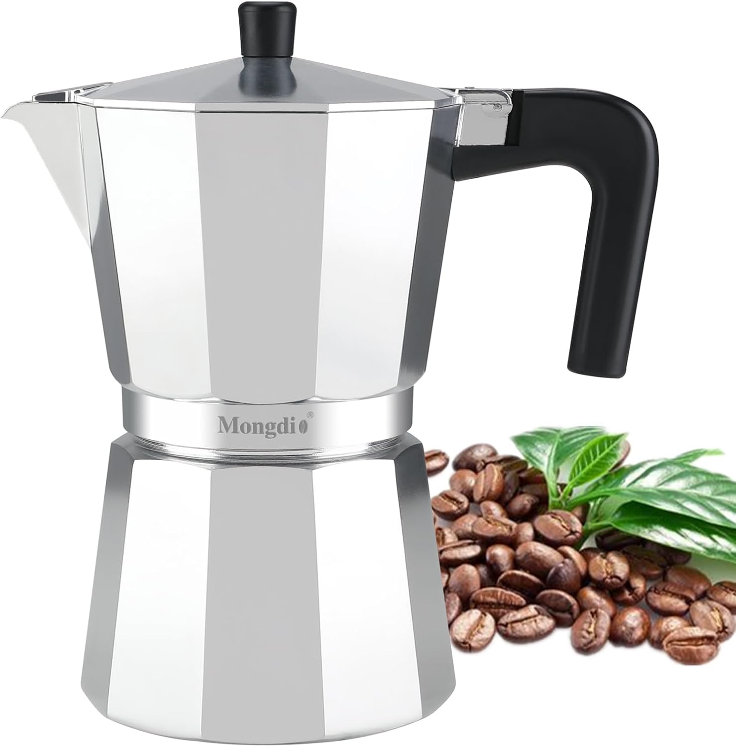 Mongdio Stovetop Espresso Maker Moka Pot, Stove Top Cuban Coffee Maker, Italian Greca Mocha Pot, 6 Espresso Cups, 10 oz - Silver Silver 6 cup