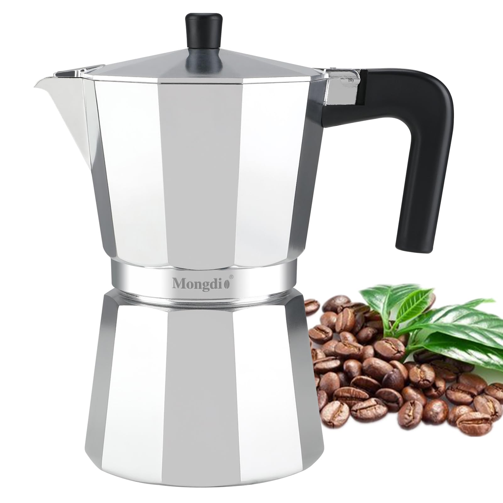 Mongdio Stovetop Espresso Maker Moka Pot, Stove Top Cuban Coffee Maker, Italian Greca Mocha Pot, 6 Espresso Cups, 10 oz - Silver