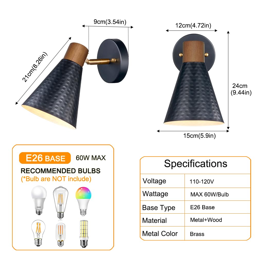 DSMJFU Black Wall Sconces Set of Two, Industrial Rotateable Wall Light Set of 2, Bedside Sconces Wall lamp with Hammered Metal Shade, Vintage Wood Sconce Wall Lighting for Bedroom Living Room Hallway