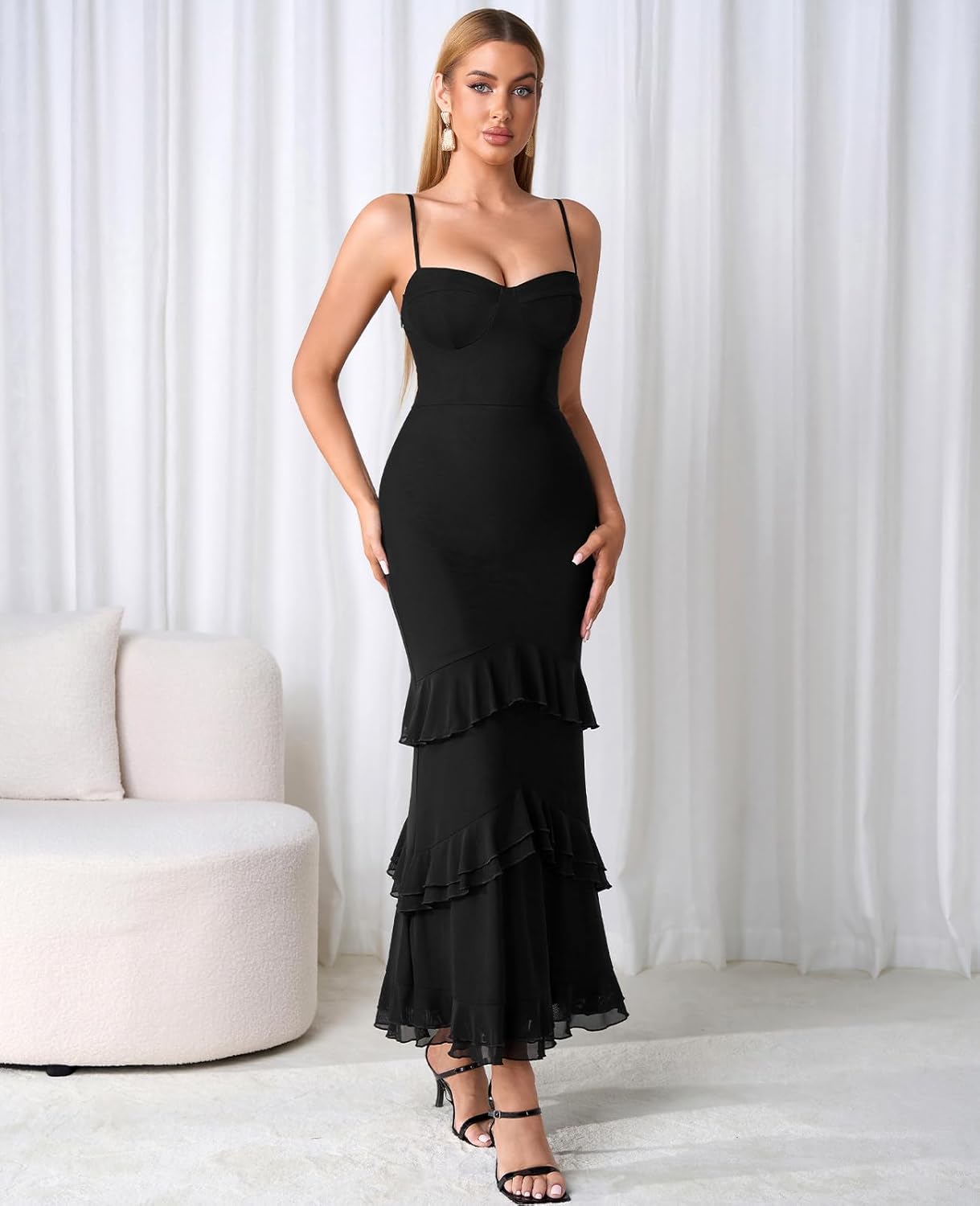 XinFSh Women Ruffle Bodycon Maxi Dress Spaghetti Strap Long Formal Wedding Guest Cocktail Party Dresses - Image 4
