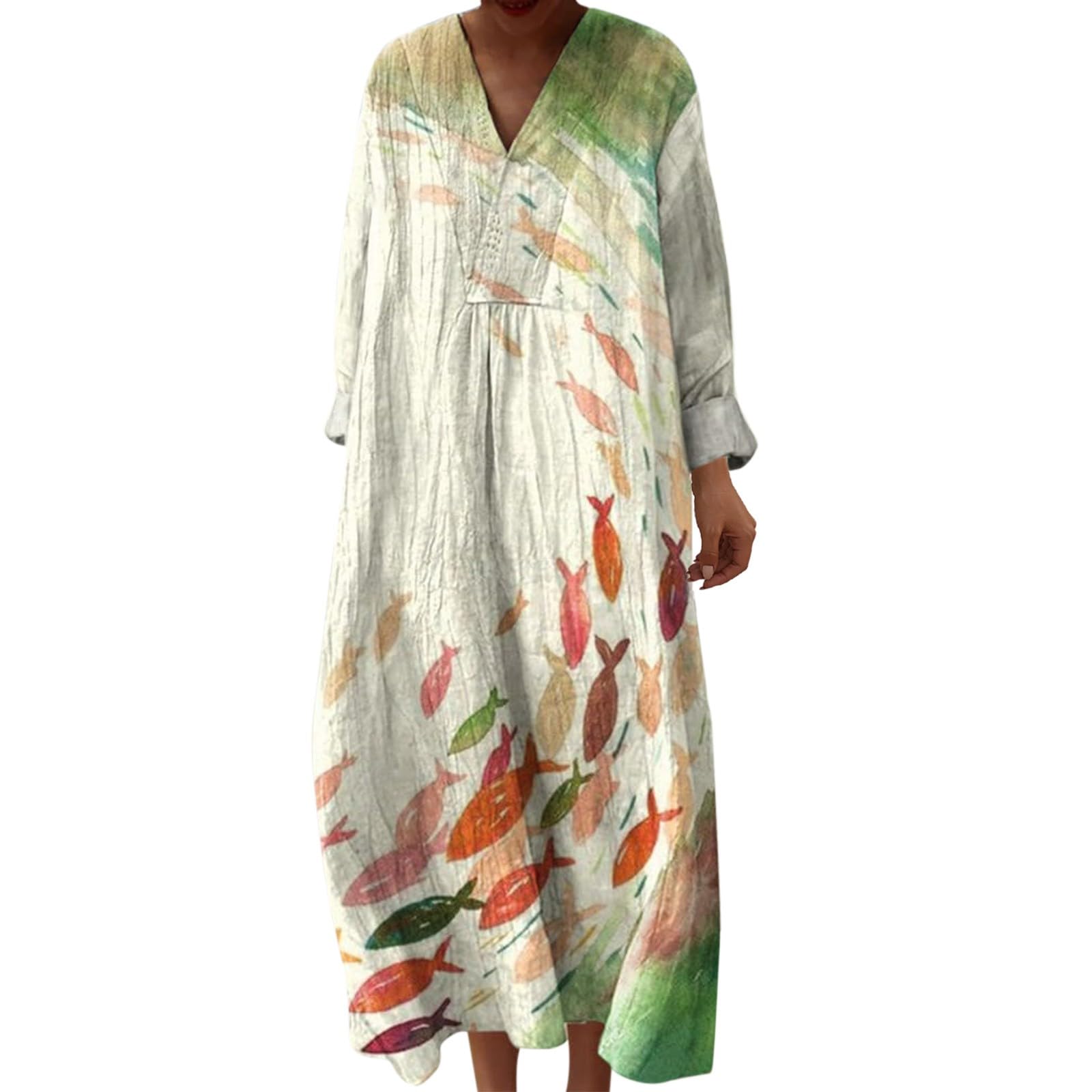 Abito Lungo Donna Elegante - Abito Cotone Manica Lunga Vestito Scollo A V