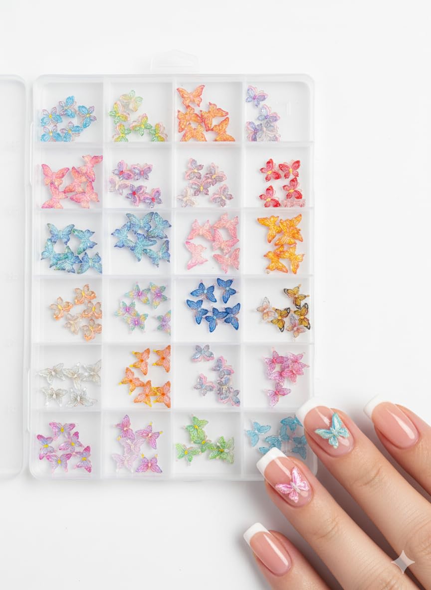 3D Nail Art Rhinestones & Decorations with 12 Grids, Mixed Resin Bows, Aurora Heart Rhinestones, Crystal Gems, Pearl Chains for DIY Acrylic Nail Design & Manicure Decoration (Butterfly)-image-38