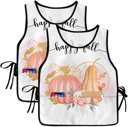 Miniatura 1 de Unisex Cobbler Apron White Pumpkin Vest Cobbler Aprons Harvest Leaves Wheat Wooden Smock Apron with Pockets for Work Kitchen