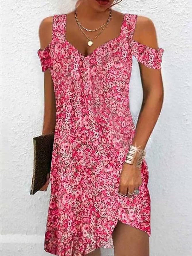 Summer Dresses for Women 2025 Cold Shoulder V Neck Vintage Print A-Line Dress Beach Vacation Boho Mini Sundress - Image 2