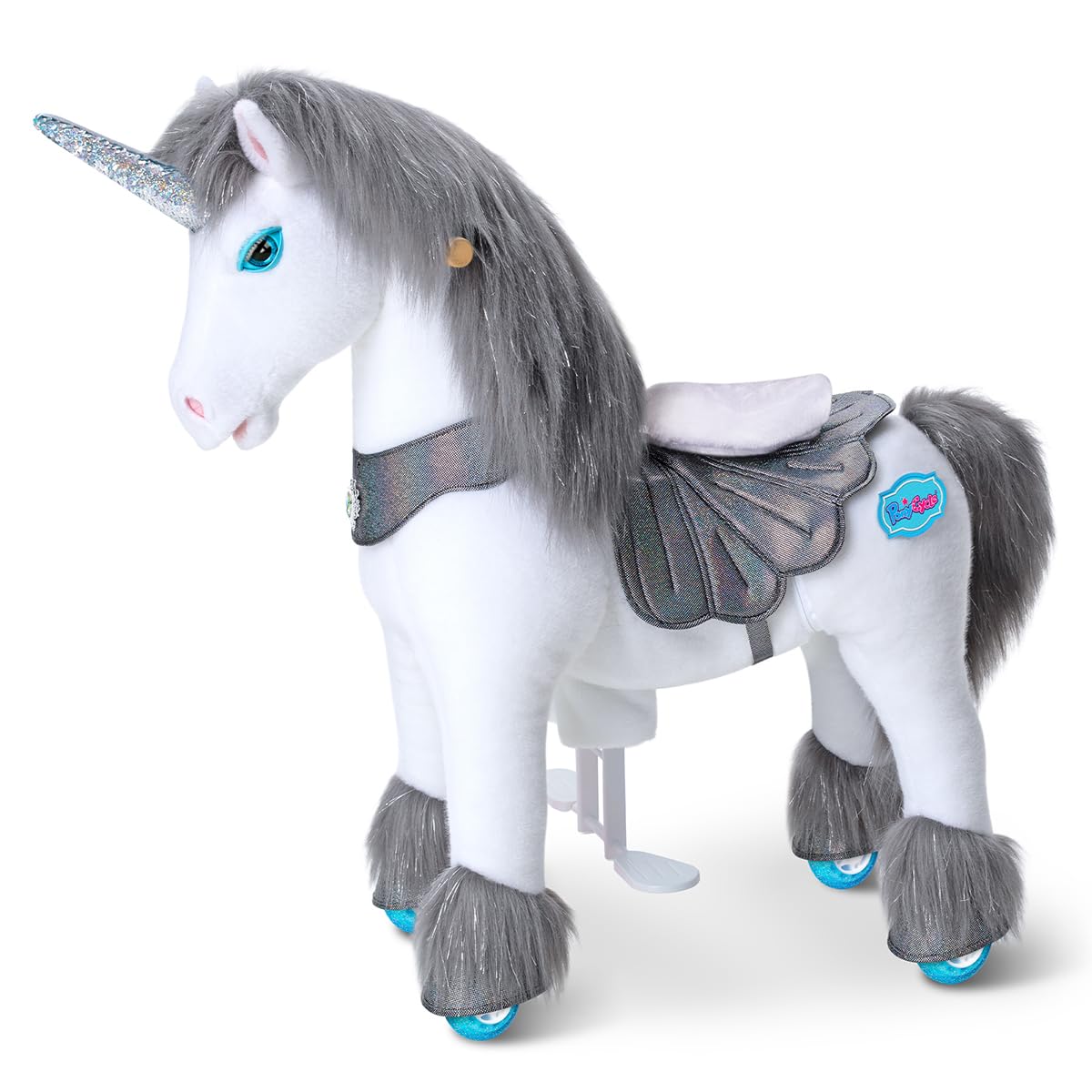 PonyCycle Model Y Kids Ride on Unicorn for 4-7 years old, Grey Rideable Unicorn with Sounds and Sequin Horn, Mechanical Plush Unicorn Riding Toy with Brake Birthday Gift for Children - Y456