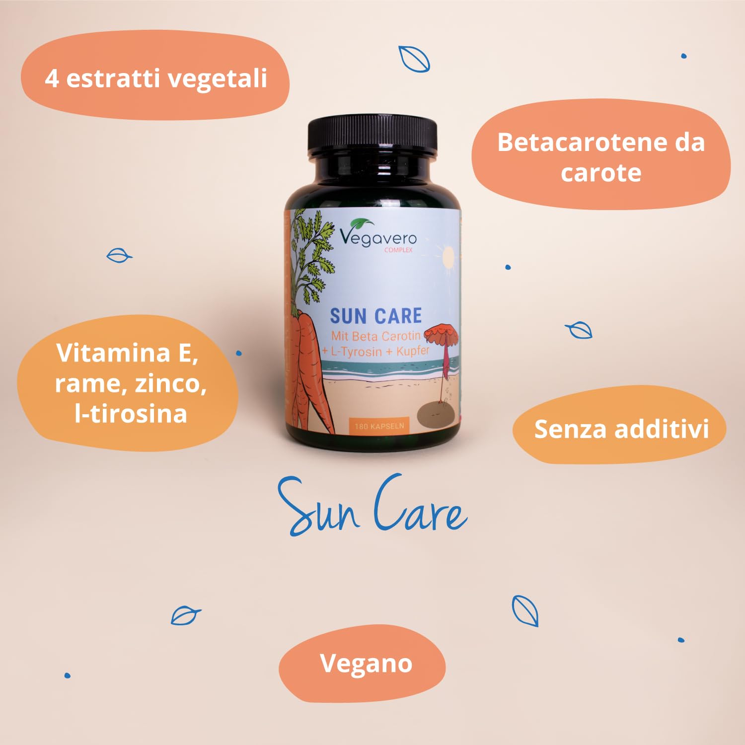 Integratore ABBRONZATURA Vegavero® | 180 capsule | Attivatore Melanina* | con Betacarotene, Vitamina E (Tocoferolo), L-Tirosina, Oleuropeina, Rame e Zinco | Vegan