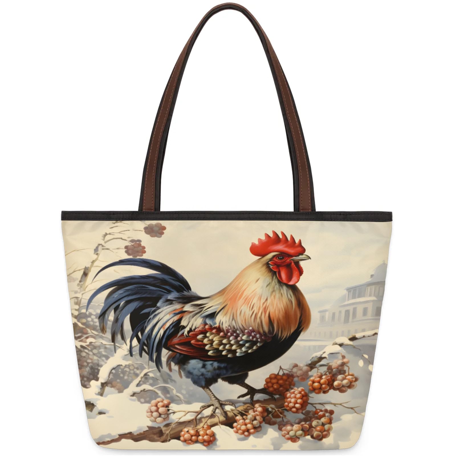 Snowy Berry Vintage Rooster Tote Bag Multi Pocket Zippered Beach Bag Lightweight Waterproof Handbag for Women Men Work Gym Travel Swimming Yoga Grocery Shopping M