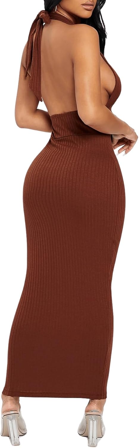 Floerns Women's Plunging Deep V Neck Backless Ribbed Knit Tie Back Bodycon Maxi Dress