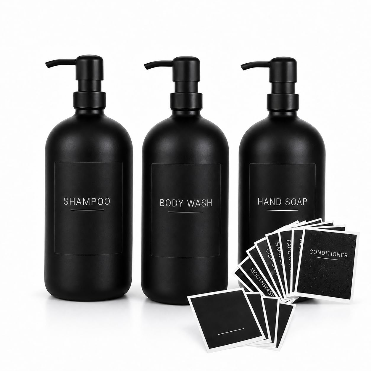 500ml Glass Soap Dispensers with Waterproof Labels Black Empty Refillable Bottles with Pump for Bathroom