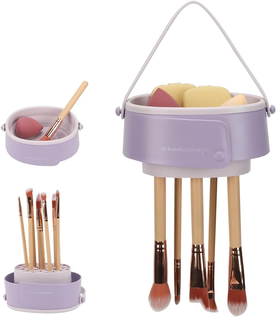 Makeup Brush Cleaner, Makeup Brush, Cosmetic Brush, Cleaning, Silicone, 3 in 1 Large Capacity, Makeup Brush, Stylish, Odorless, Puff Cleaner, Sponge Cleaner, Foldable, Place Stand Purple