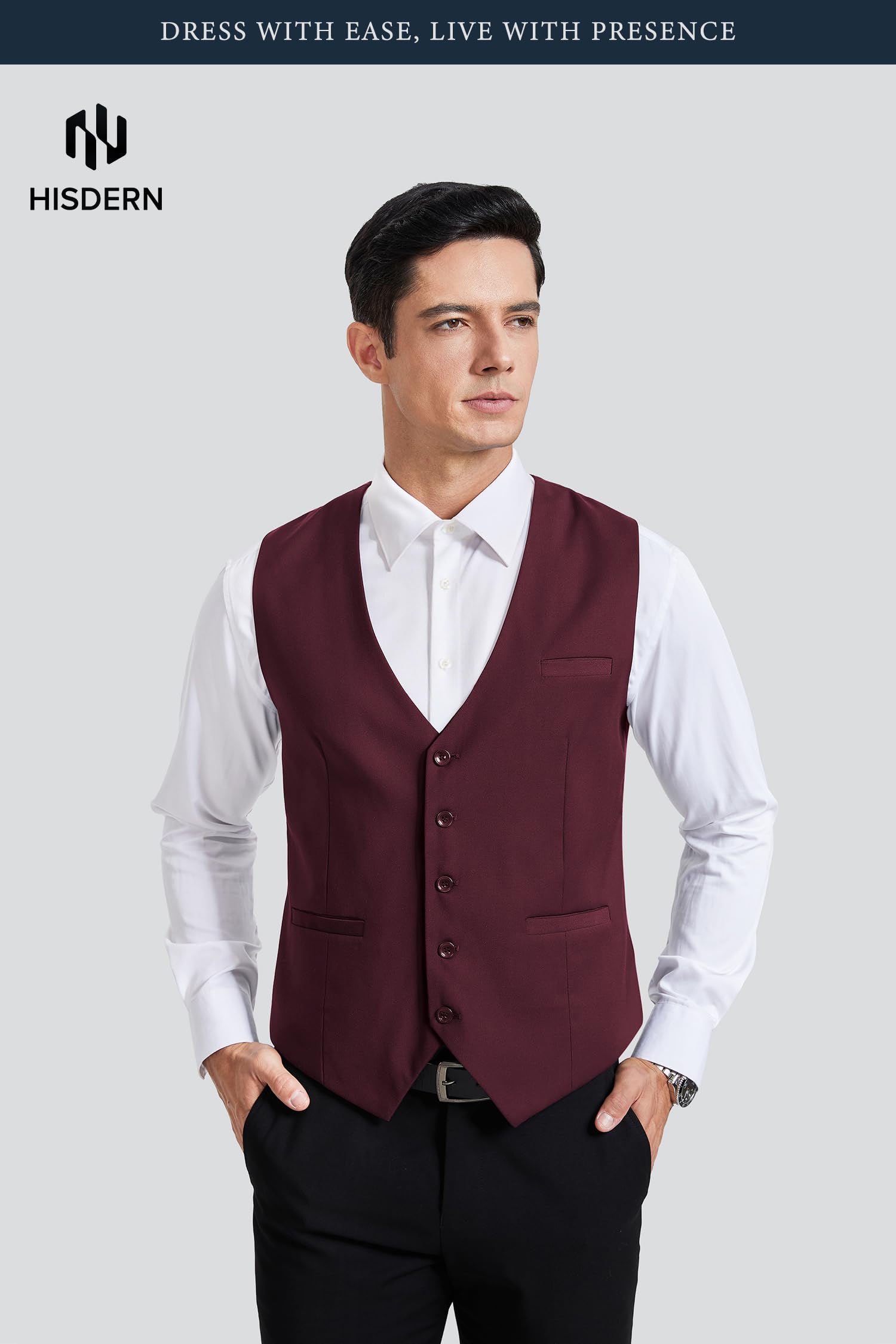 HISDERN Chaleco de Vestir para Hombre Chalecos de Traje Hombres Chaleco de Algodón para Formal Fiesta de Boda Borgoña L