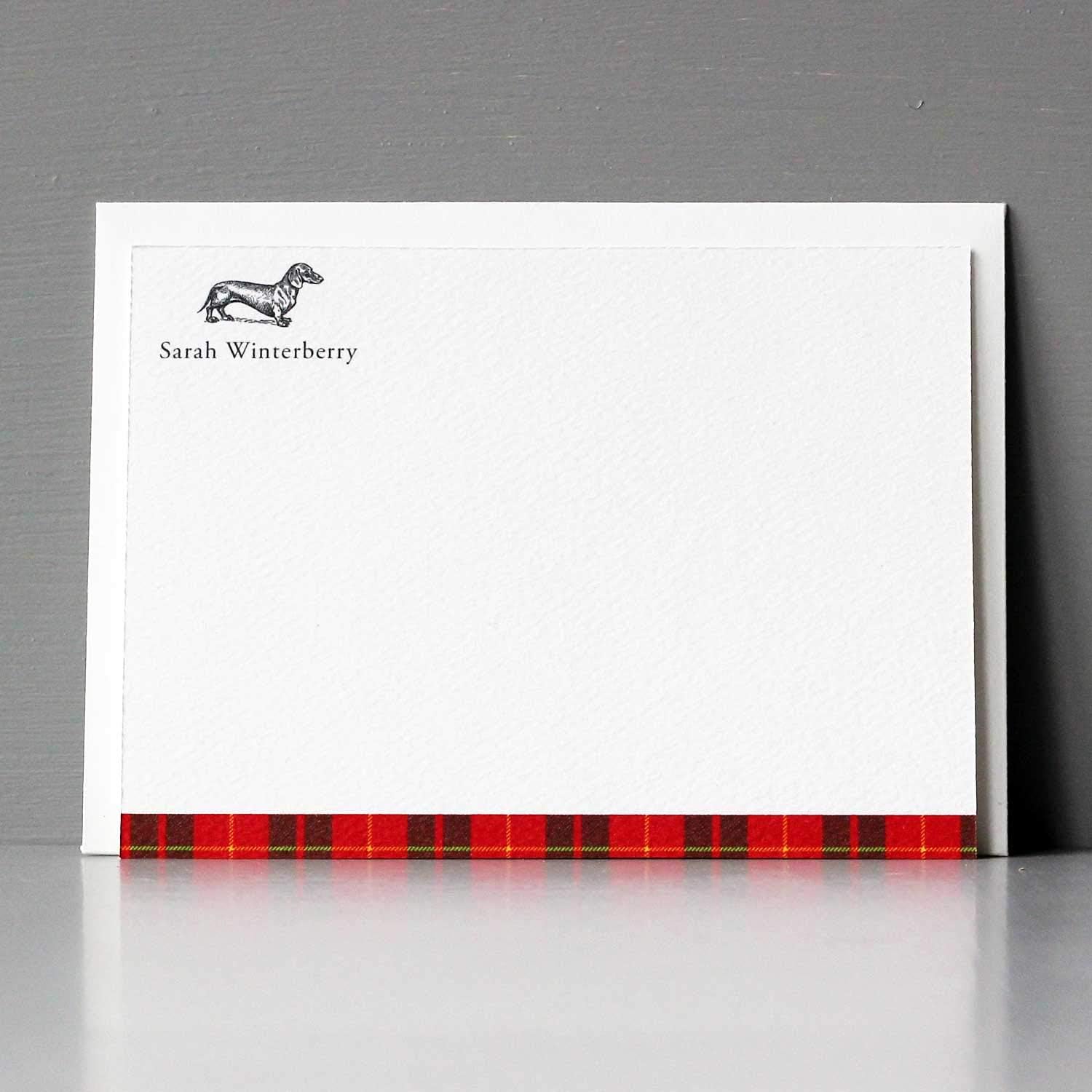 PERSONALIZED Dachshund Flat Notes/Stationery with Red Tartan Edge - Sets of 12 or 20 (20)