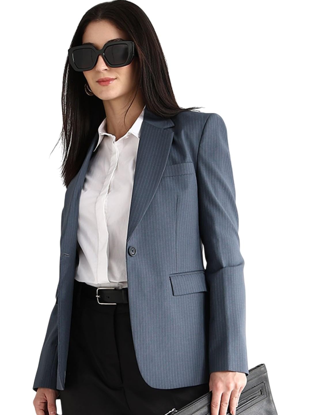 Women Melange Grey Striped Slim Fit Single Breasted Blazer-image-26