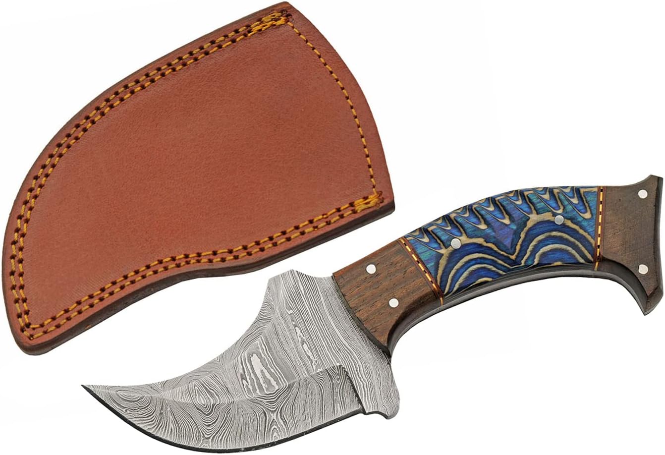 SANZ Damascus Rhino Hunting Knife 8 Inch - Blue Camping Knife with Wood Handle, Full Tang Blade & Sheath for Hunting, Camping & Outdoor uses for Men