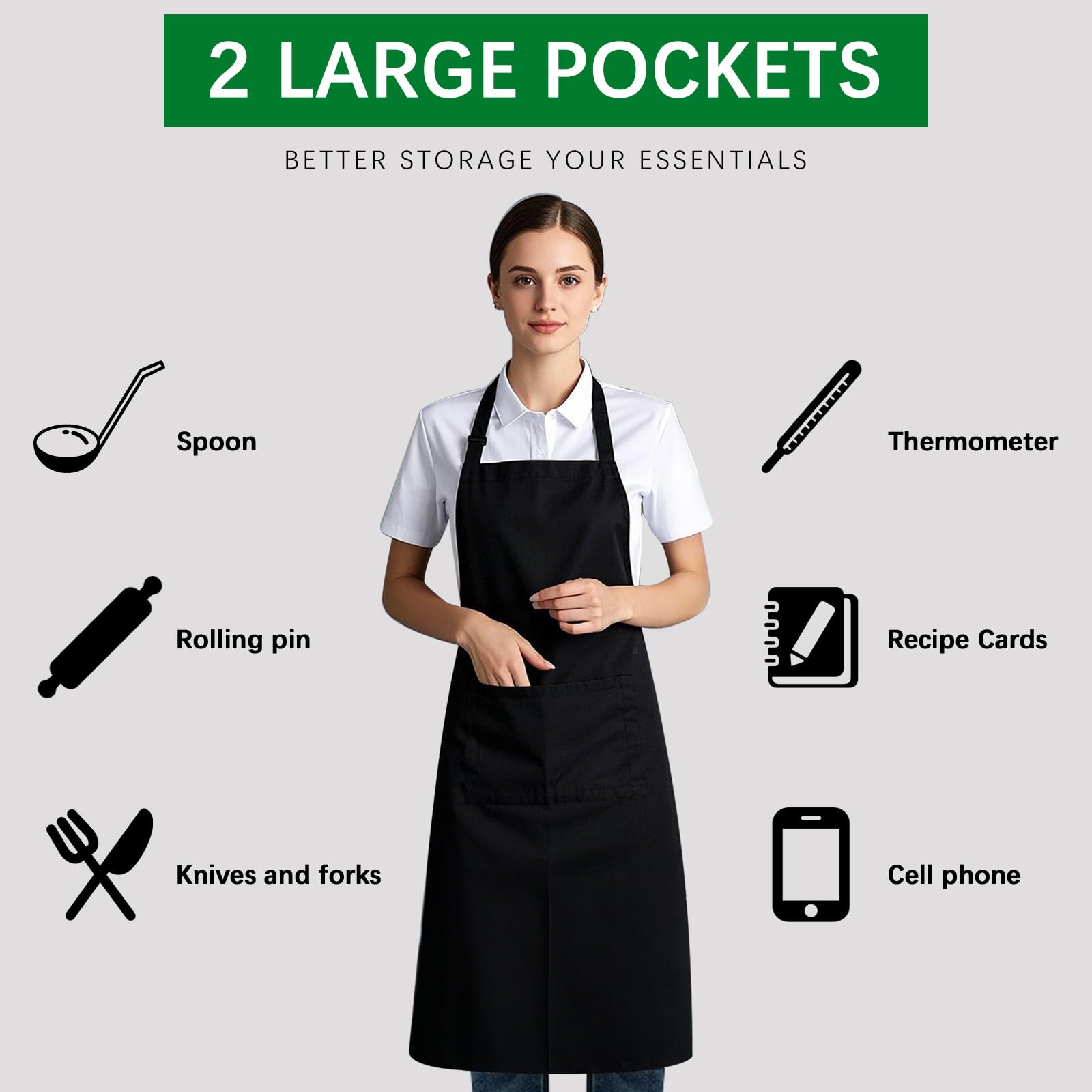 Delantales unisex negros con 2 bolsillos, para cocinar, cocinar, barbacoa, dibujo, 10 unidades, color negro