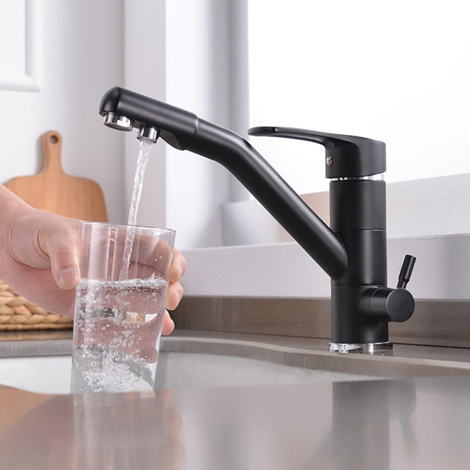 Grifo Osmosis 3 Vias Latón Hoyo Único Agua Fría y Caliente Agua Pura Grifo Cocina Osmosis 3 Vias-Negro