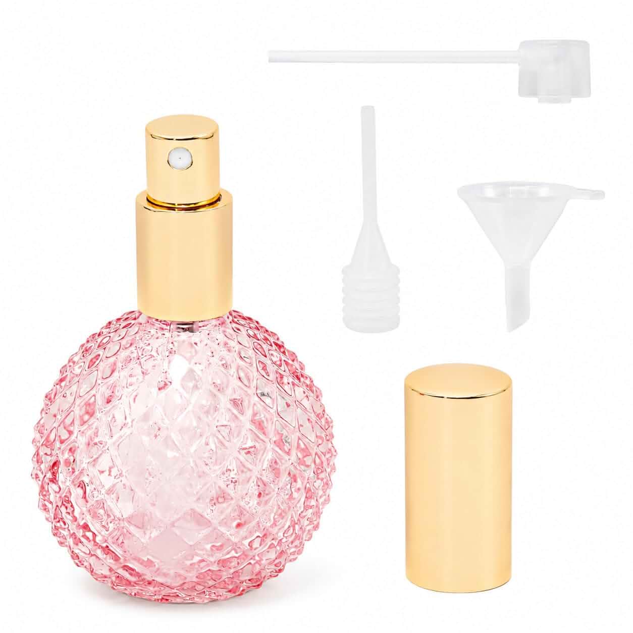 Refillable Perfume Bottle Empty Atomizer Sprayer, 3.4oz Pink 100ml Refillable Glass Perfume Spray Bottle with Pump Head Funnel Dropper, Travel Cologne Dispenser for Vanity Home Decor