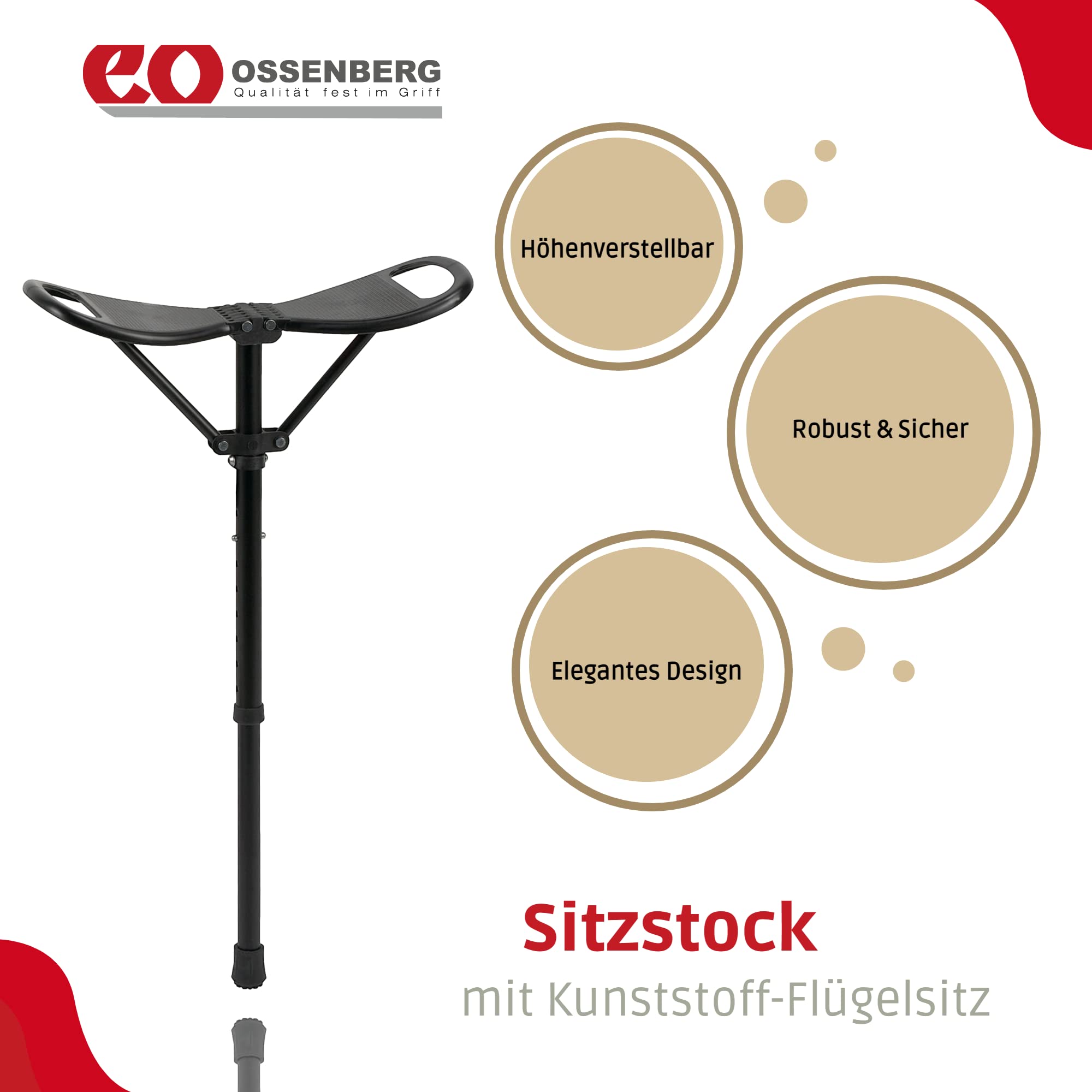 Ossenberg Canne avec siège à ailes en plastique - Canne avec siège pliable - Tabouret debout réglable en hauteur pour les déplacements - Chaise monopode pour le camping et l'extérieur - Noir