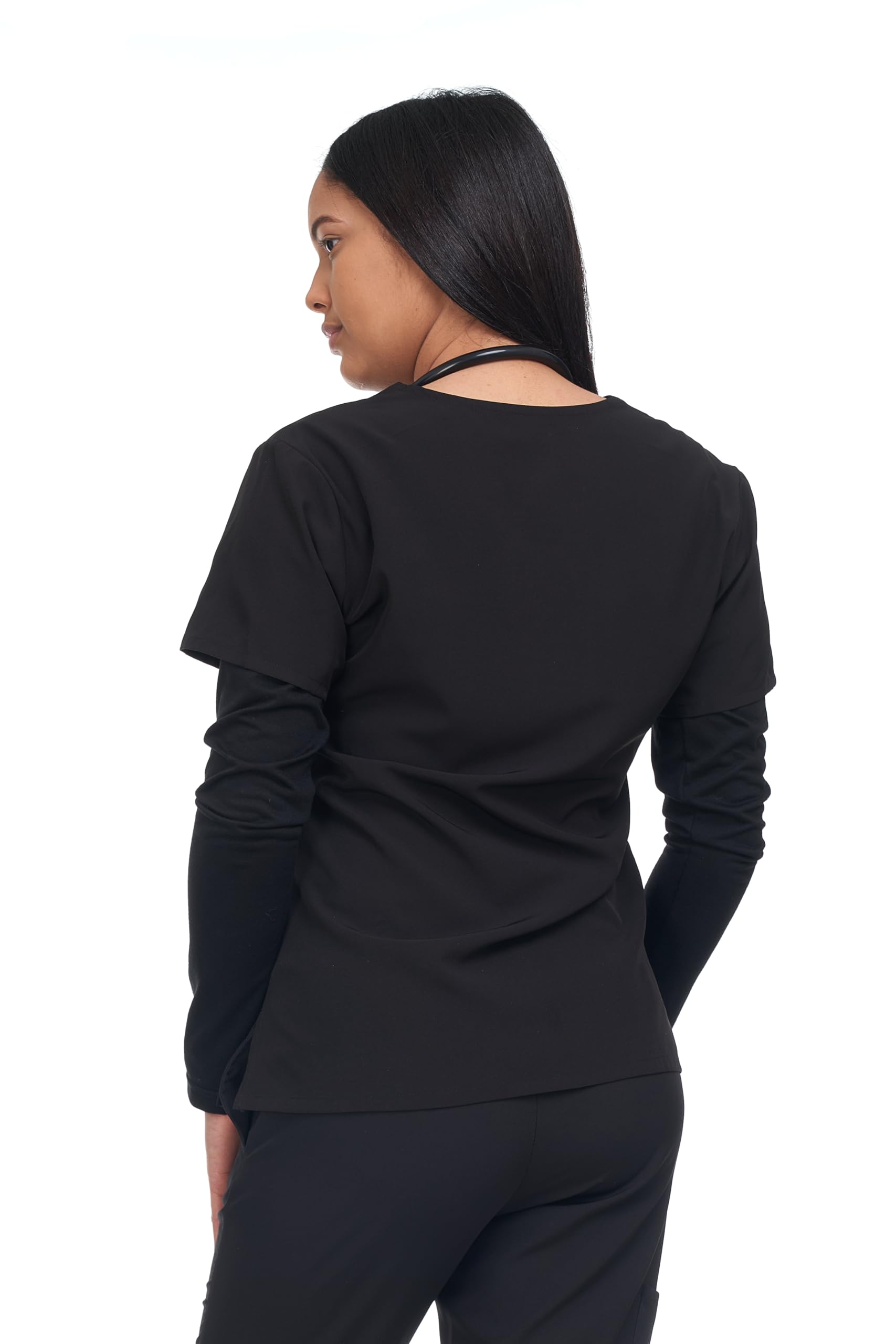 Flex Core Long Sleeve Scrub Top for Women 2 Pocket Shirt Lightweight 4 Way Stretch Soft Scrub Shirt V Neck (US, Alpha, Small, Regular, Regular, Black)
