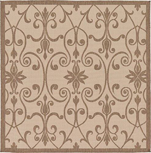 Unique-Loom-Outdoor-Botanical-Collection-Area-Rug-Gate-6-1-Square-Brown-Beige Unique Loom Outdoor Botanical Collection Area Rug - Gate (6' 1" Square, Brown/ Beige) - Image 1