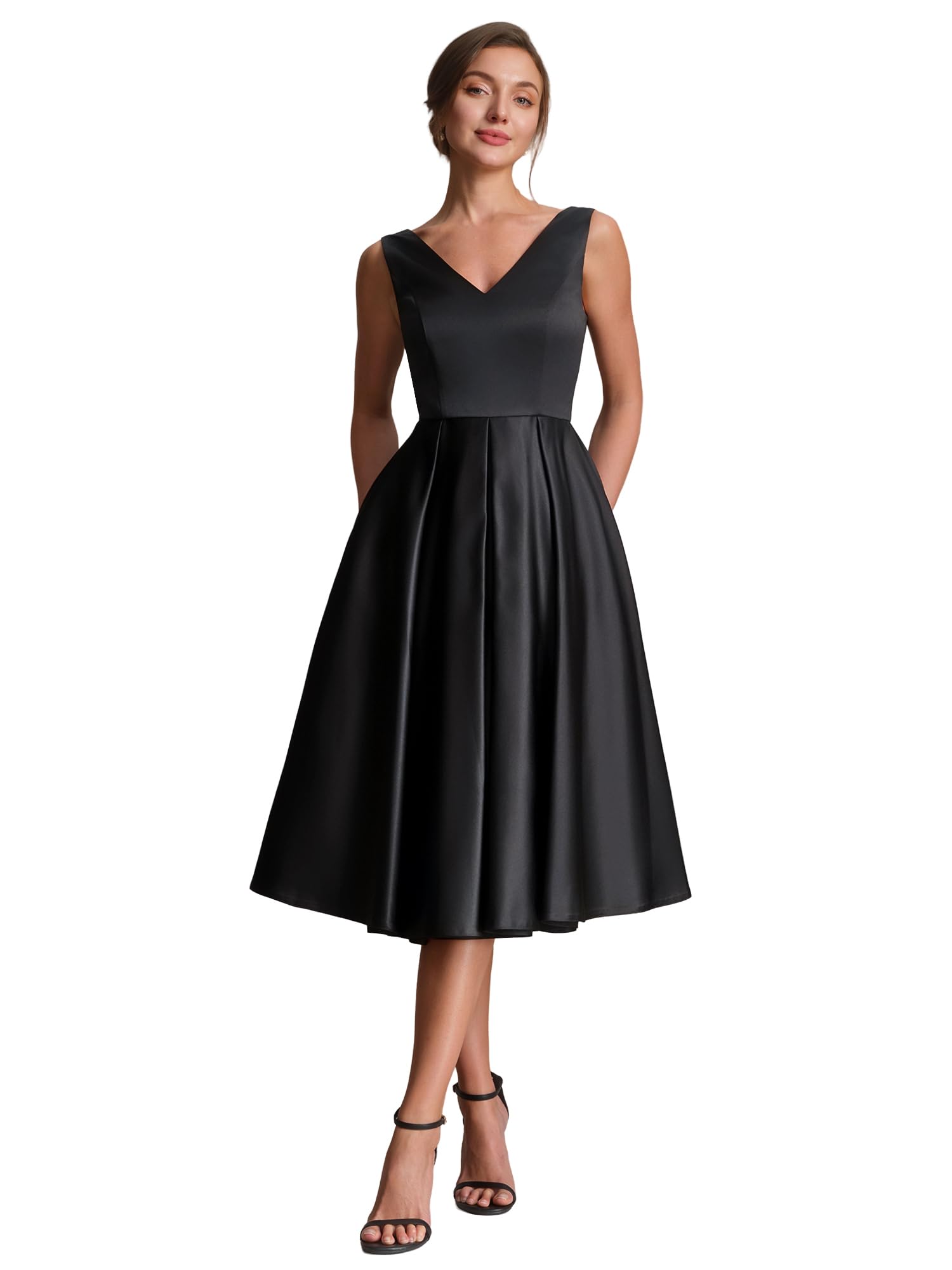 Ever-Pretty Robes d'Invité de Mariage Col en V sans Manche Satin Midi EG02774