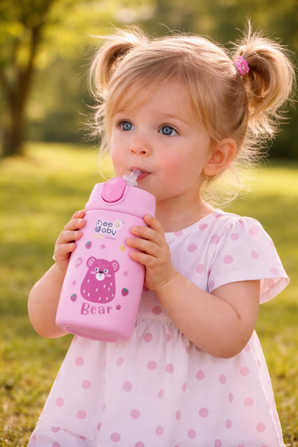 BeeBaby Steelios 2.0 Insulated Stainless Steel Sippy Straw Cup for Toddlers 12+ Months | SS304 BPA Free Leak Proof Spill Proof Push Button Flip Top Lid |Anti-Rust Training Cup, Kids Water Bottle. Light Pink - Bear-image-22