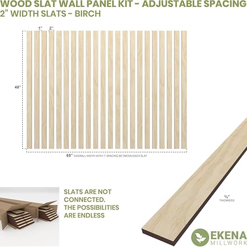 Miniatura 2 de Ekena Millwork Kit de panel de pared de listones de madera ajustables de 47 pulgadas de alto x 38 pulgadas de alto, con listones de 2 pulgadas de