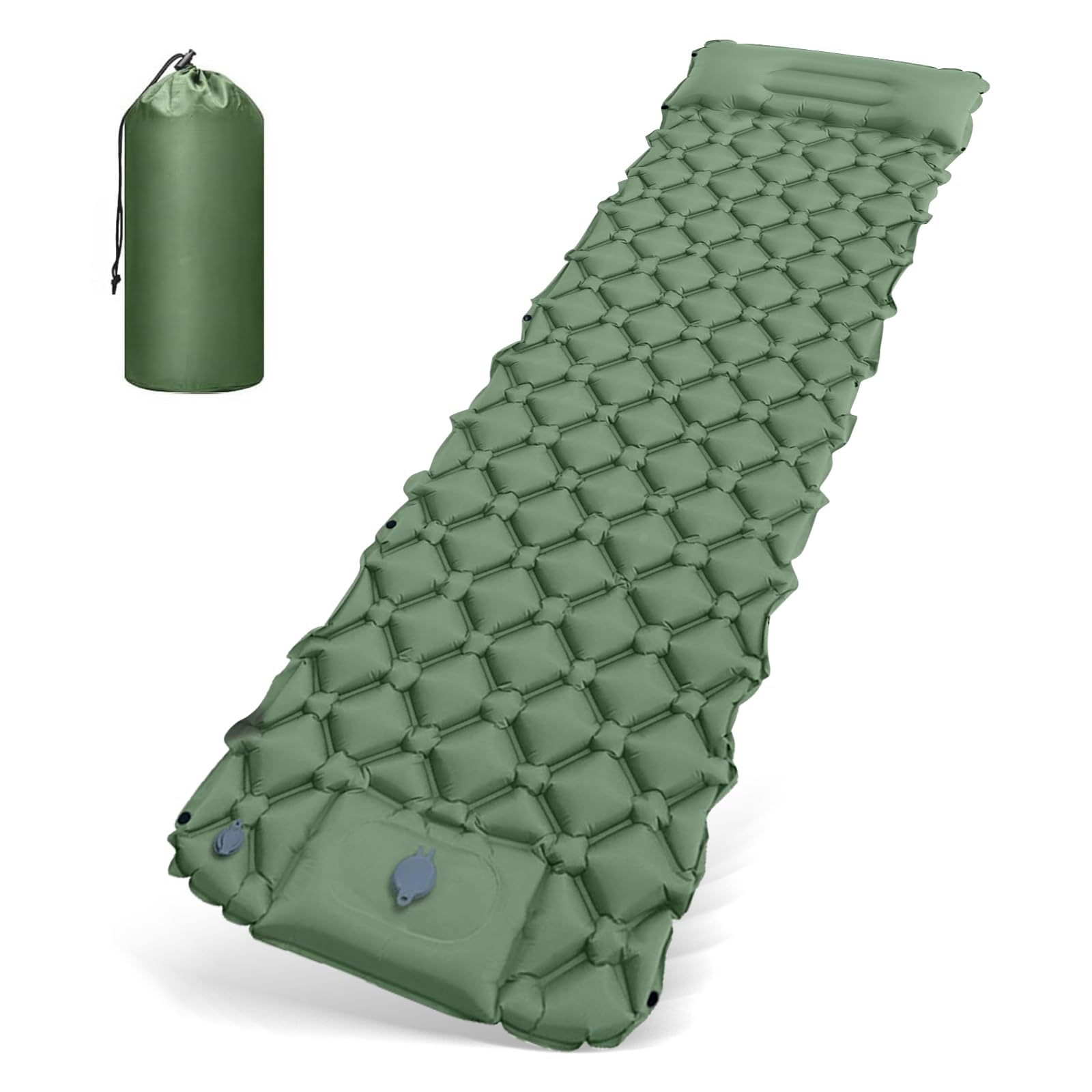 Matelas Gonflable, Matelas de Camping Autogonflant, Matelas Camping Portable, Matelas Pneumatique Ultraléger avec Pompe à Pied et Oreiller, 195cm x 60cm x 5cm, pour Extérie, Voyage (Vert)