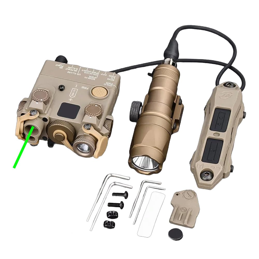 HATSEN Nylon DL-A2 Box Aiming Laser Sights(with Green Laser+IR Laser+Flashlight&Mount),& M300A Strong LED White Flashlight,& Modular Dual Wire Remote Pressure Switch(SF+2.5 Plug) Combo,Tan