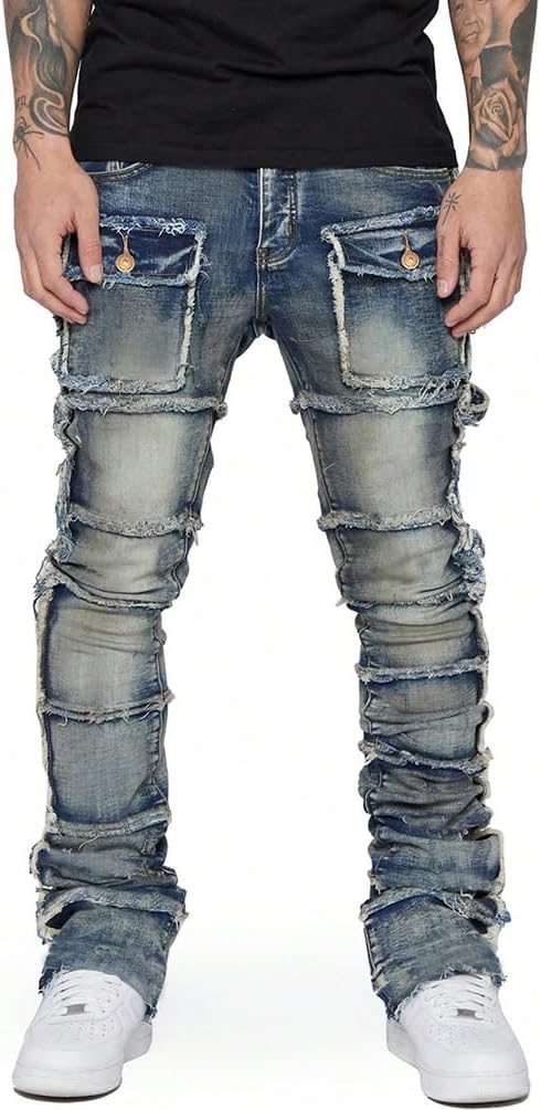 Men Stacked Jeans Skinny Black Ripped Patchwork Denim Pants