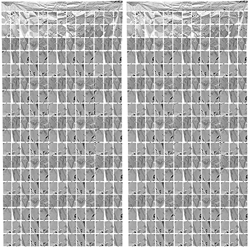 Image of AMFIN (Pack of 2) Square Foil Curtains for Birthday Decoration Photo Booth Props Backdrop Baby Shower Bachelorette Party Decorations - Silver