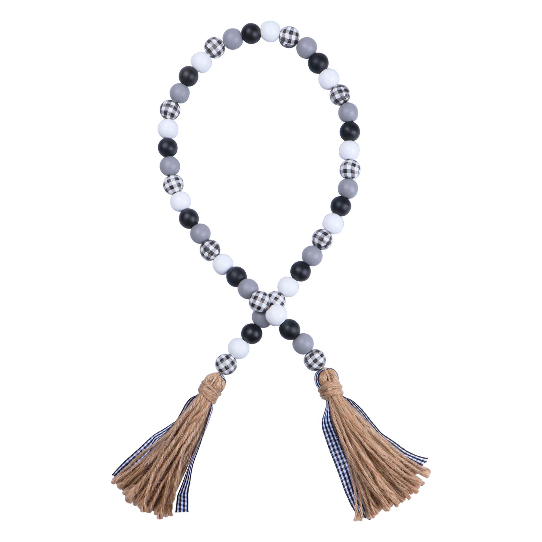 JOTFA Farmhouse Wood Bead Garland, Rustic Black White Grey and Plaid Wooden Bead Garland with Jute Rope Buffalo Plaid Ribbon Tassel for Farmhouse Tiered Tray Décor