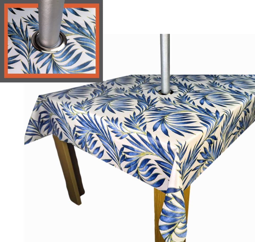Karina Home Wipe Clean PVC Garden Outdoor Tablecloth Cover with Parasol Umbrella Hole Tropical Beach Palm Leaves Blue Tex 250cm x 140cm