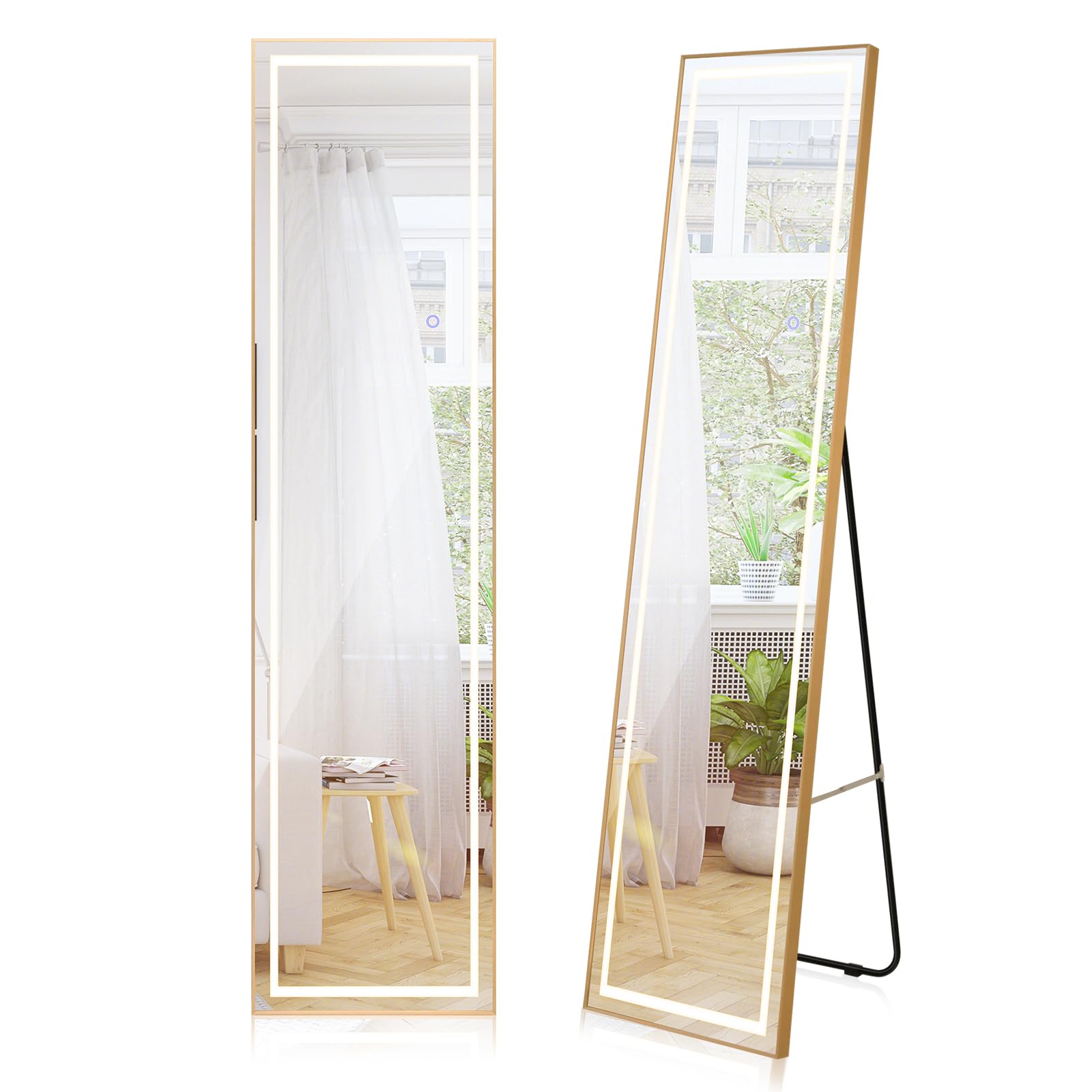 RELAX4LIFE Espejo LED de cuerpo entero, espejo de pie 2 en 1 con 3 colores regulables, espejo de pared con marco de aluminio e interruptor táctil, espejo para salón, dormitorio, entrada, 155 x 37 cm