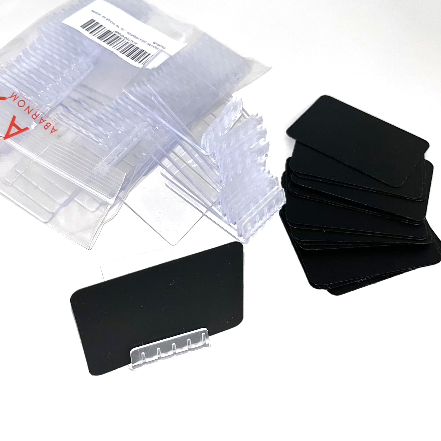 Pack de 100 pizarra negra sintéticas reutilizables + 100 bases portaprecio, Mini Pizarras para Precios, Portaprecios Fruta, Portaprecios Carniceria, Portaprecios Pescaderia, Porta Precios Pizarra