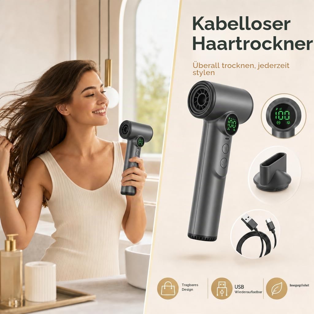 Akku Reisefön Kabellos – 200W Tragbarer Haartrockner mit 3 Temp. & 3 Geschw | 15600 mAh Wiederaufladbarer Föhn mit Digitalem Display für Camping, Reisen, Wohnmobil & Schlafsäle