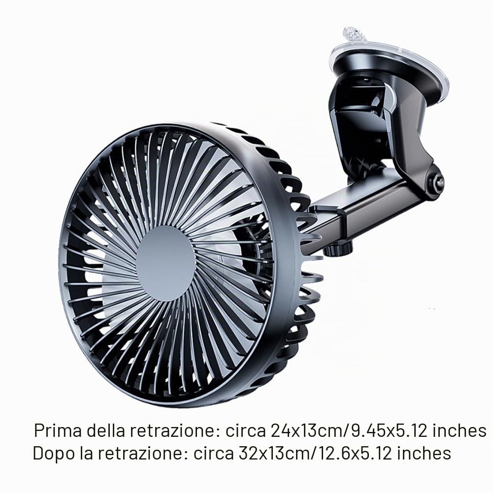 Ventilatore da Auto, Mini Ventilatore per Cruscotto, Regolabile a 360° con Ventosa, 3 Velocità, Filtro per Auto con Testa Singola