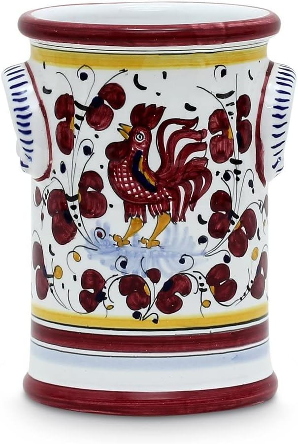 ORVIETO RED ROOSTER: Utensil Holder, [1397-ORR] ~ Authentic, hand painted, in Deruta, Italy. Original design. Shipped from the USA with Certificate of Authenticity.