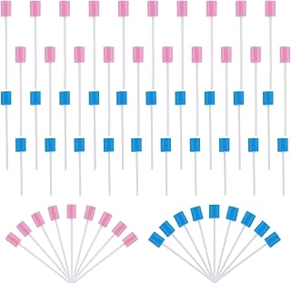 100 peças esponja de limpeza de dentes, hissopos dentais de higiene oral, hissopos orais descartáveis, dentes limpeza hisopos, sopos de boca para adultos, idosos, crianças (azul e rosa)
