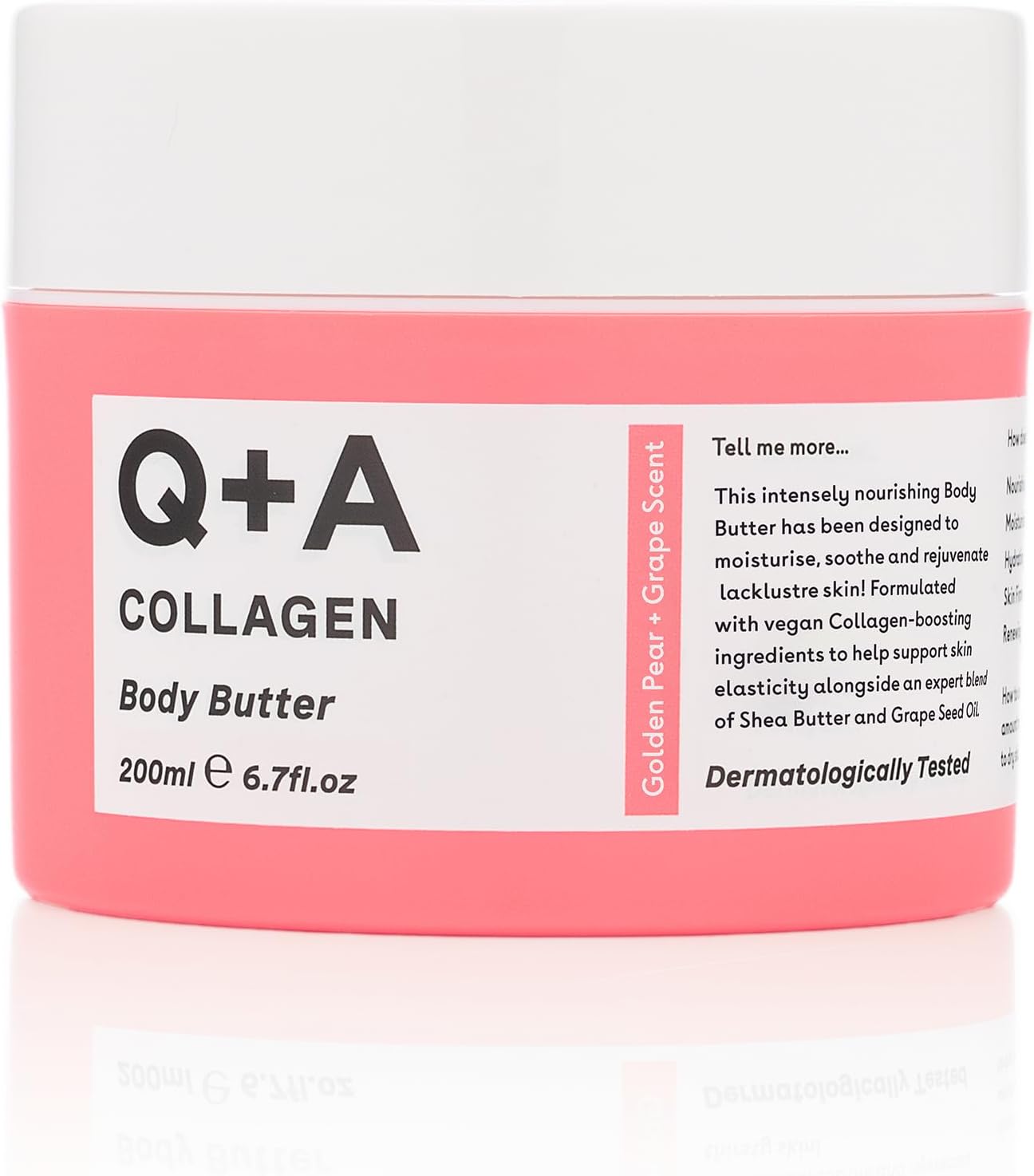 Q+A Collagen Body Butter : Beurre Corporel Luxueux et Riche, Formule Végan Ultra-Hydratante avec Protéine Végétale Hydrolysée, Beurre de Karité, Squalane, et Parfum de Poire Dorée et Raisin, 200 ml