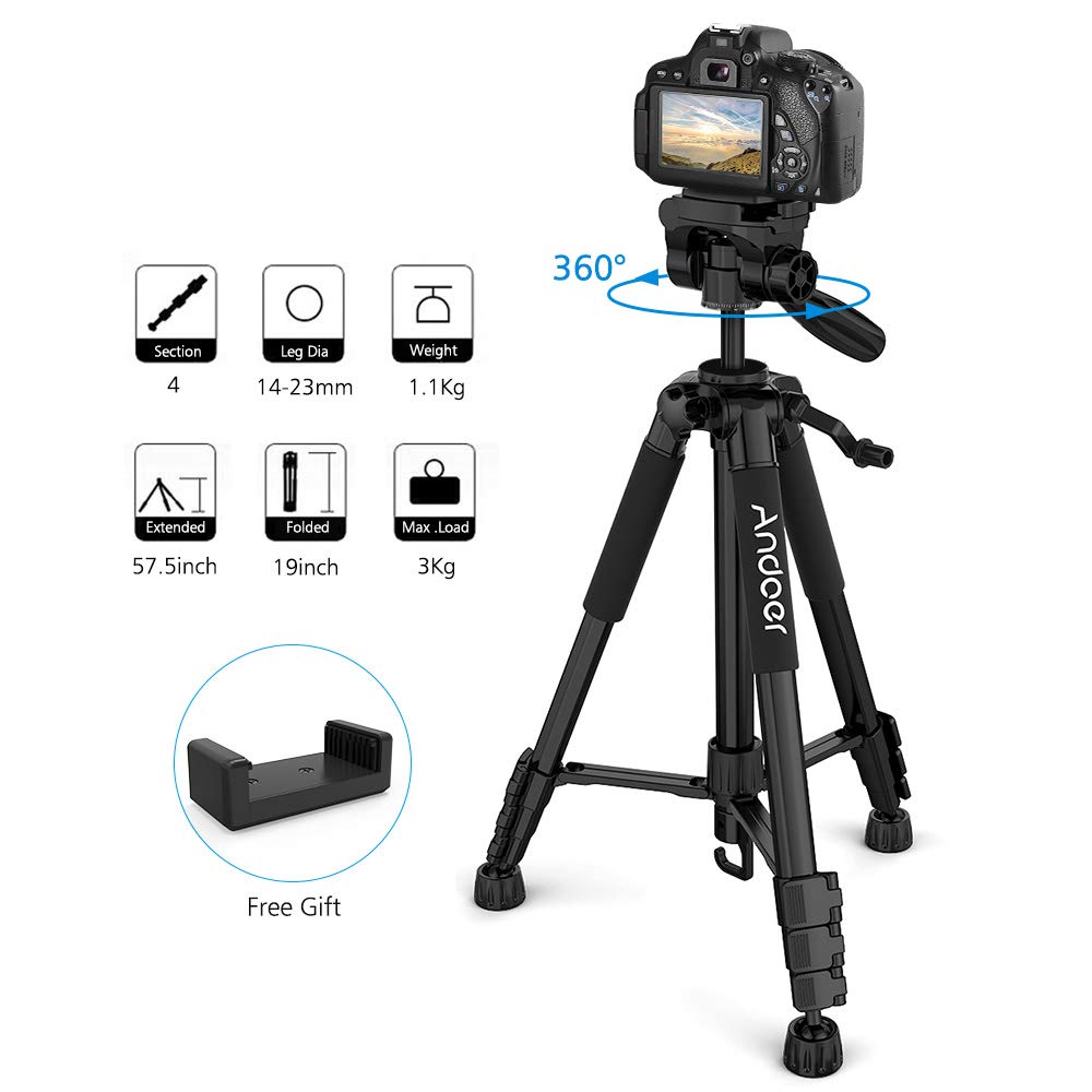 Andoer Andoer TTT-663N de 57,5 pulgadas Trípode de cámara ligero de viaje Trípode de teléfono para cámara DSLR SLR Fotografía Grabación de video con bolsa de transporte Abrazadera