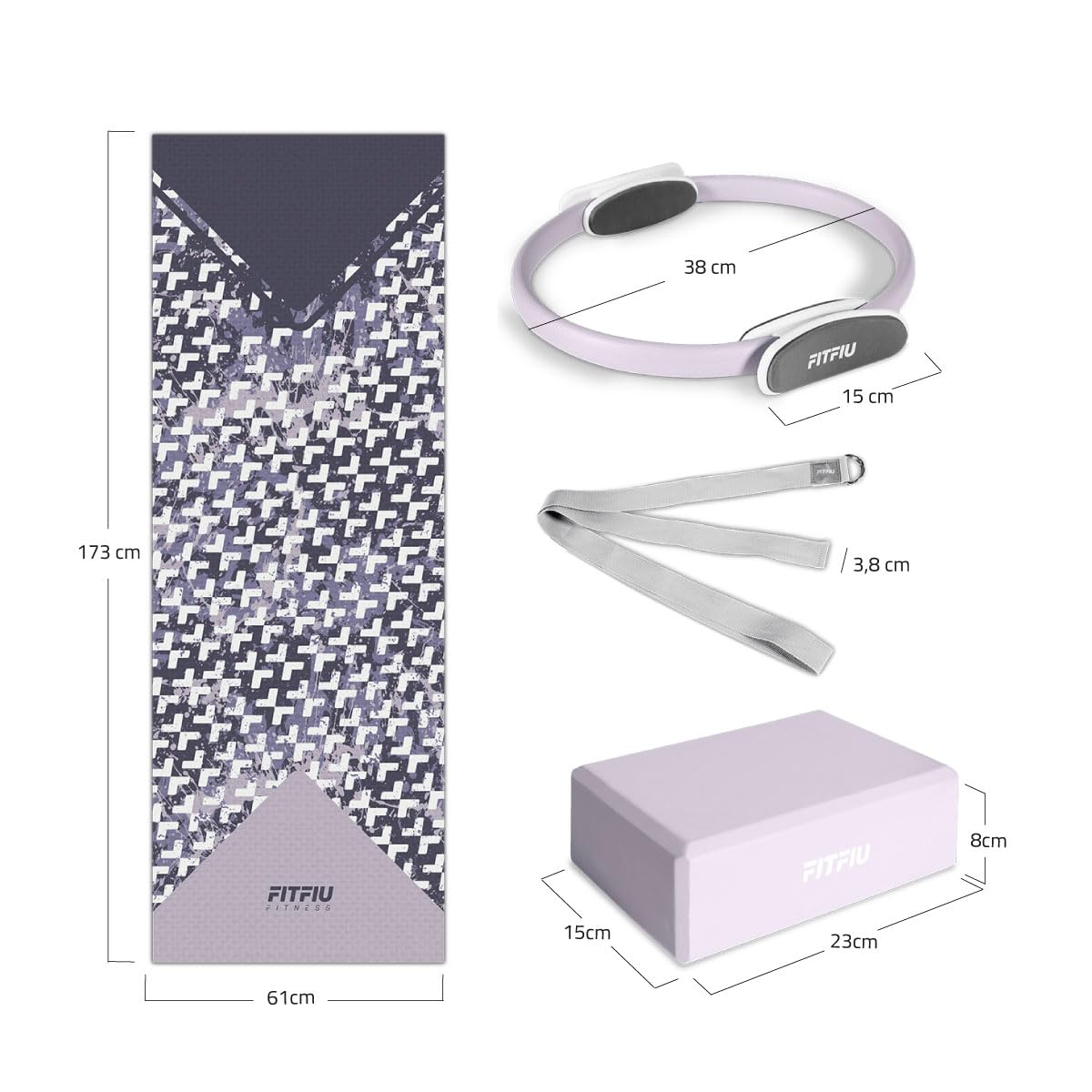 Fitfiu Fitness KITWELL-400 Pack di 4 Accessori Yoga Pilates Colore Lilla con Tappetino, Blocco, Anello e Cinghia Include Guida di Esercizi Wellness
