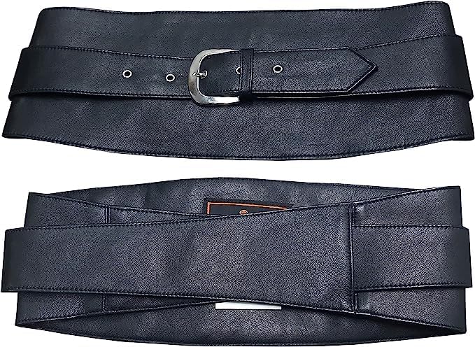 Woman's Obi Sash Wrap Stretch Corset Waisband Cincher Wide Elegant Genuine Leather Buckle Belt (Black, 2XL(35''-36''Waist))