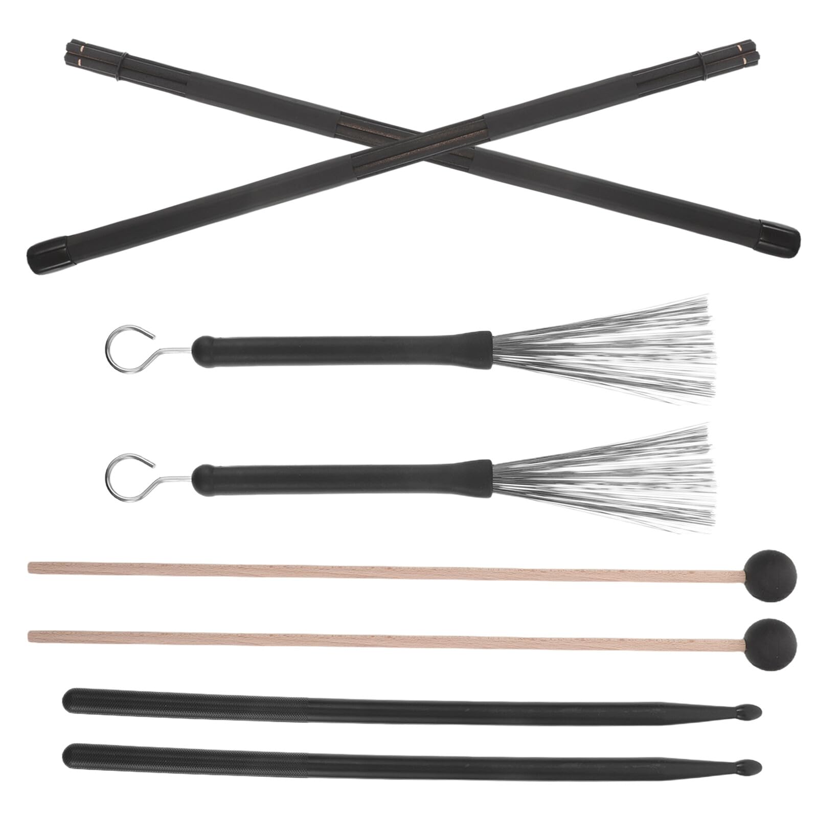 GALPADA Baguettes de Batterie avec Balais Nylon et Maillets Bois Kit Accessoires pour Percussion avec Étui de Rangement
